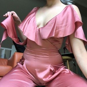 True violet ruffle satin jumpsuit blush pink